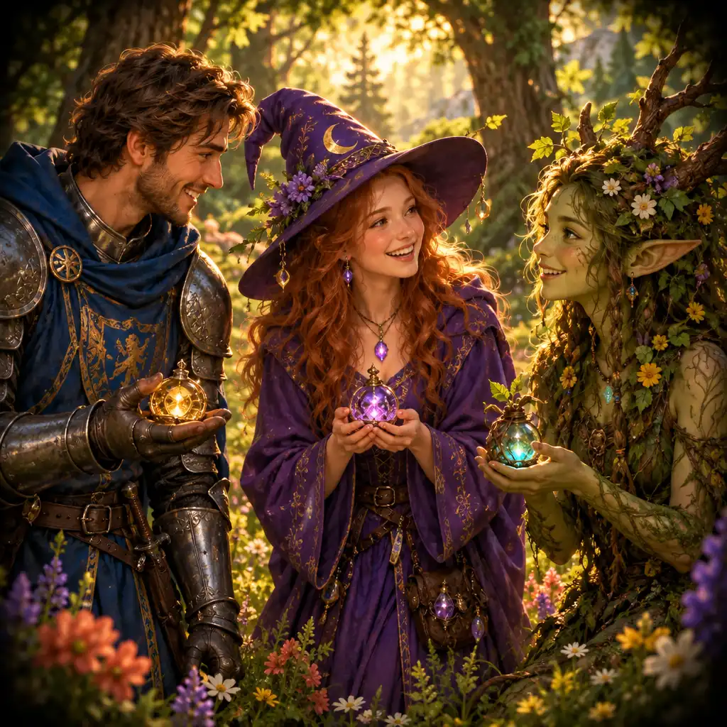 Három barátságos fantasy karakter egy erdei tisztáson varázstárgyakkal