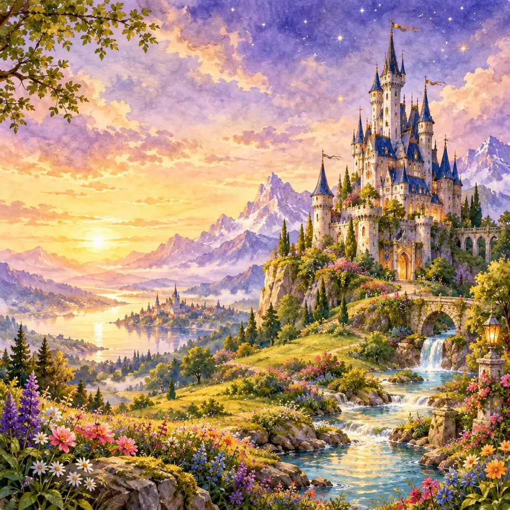 Kézzel festett fantasy táj: elegáns, tornyos kastély zöld dombok között, lila és arany égbolt alatt.