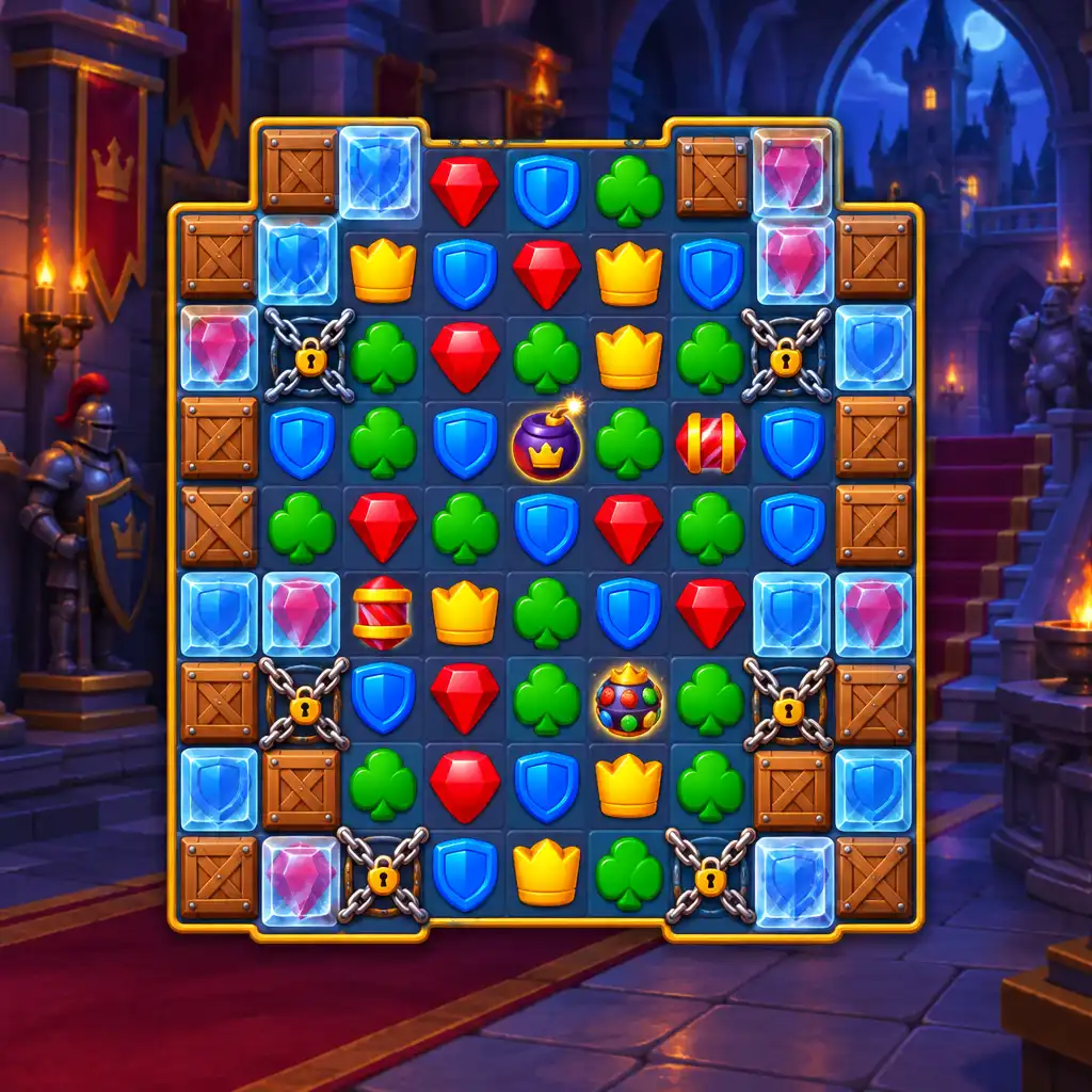 A Royal Kingdom egyik nehezebb szintje: match-3 tábla dobozokkal, jéggel és láncokkal, a háttérben a kastély sötétebb része.